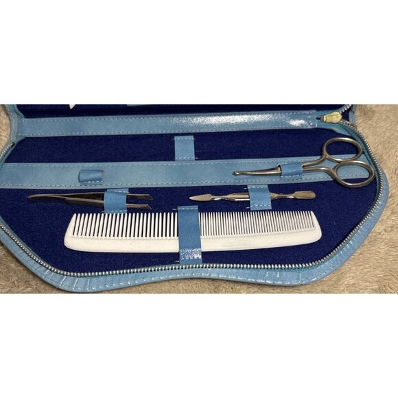 Blue Leatherette Manicure & Grooming Kit With Tools Mirror & Comb In Zippered Ca - Picture 2 of 7